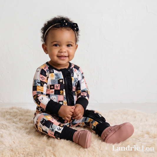 Trick or Treat Patchwork Zip & Play Romper by Landrie Lou