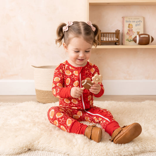 Love at First Down Football Zip & Play Romper by Landrie Lou