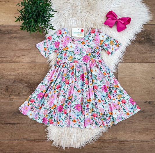 Pink & Blue Floral Twirl Dress by Landrie Lou
